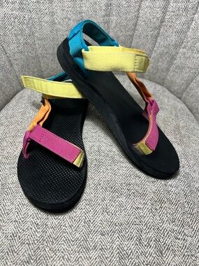 Teva Women's Black Sandals with Yellow, Pink, Orange & Blue Straps